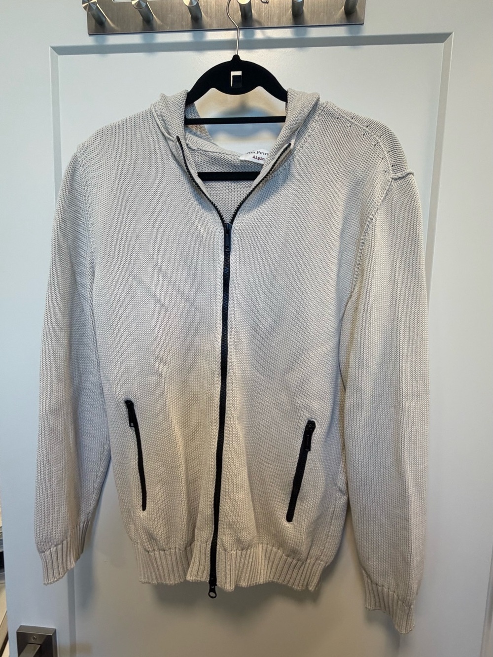 Men's Light Gray Full-Zip Hooded Knit Sweater